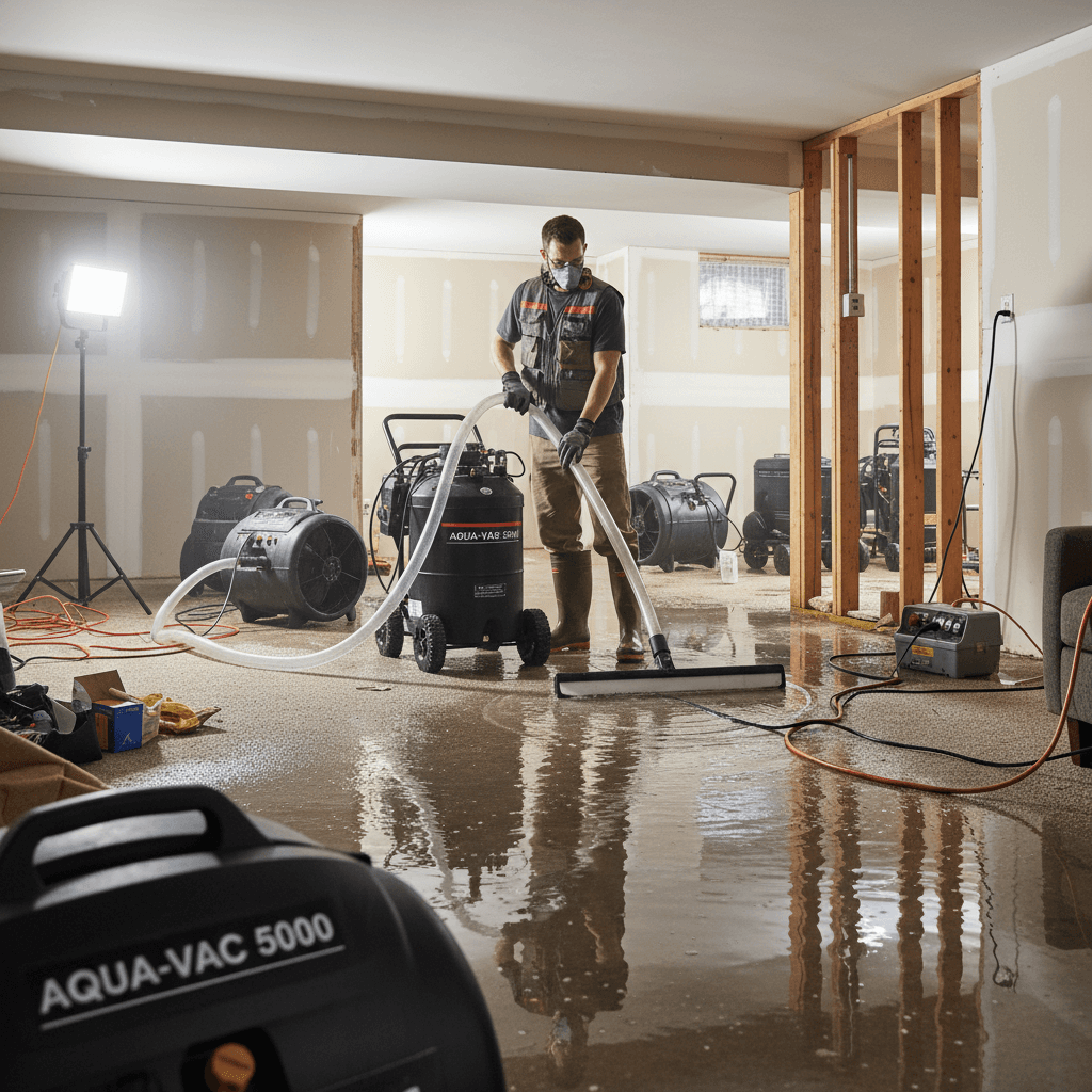 Water extraction in progress from flooded basement