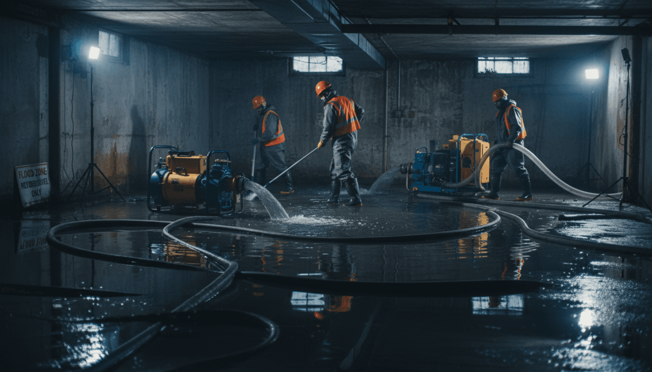 Restoration specialist extracting water from flooded basement
