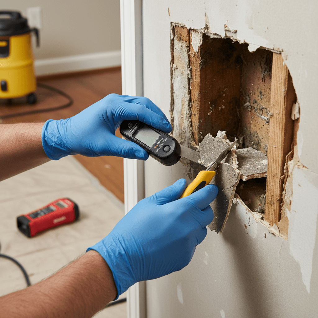 Restoration specialist inspecting water damage and structural integrity